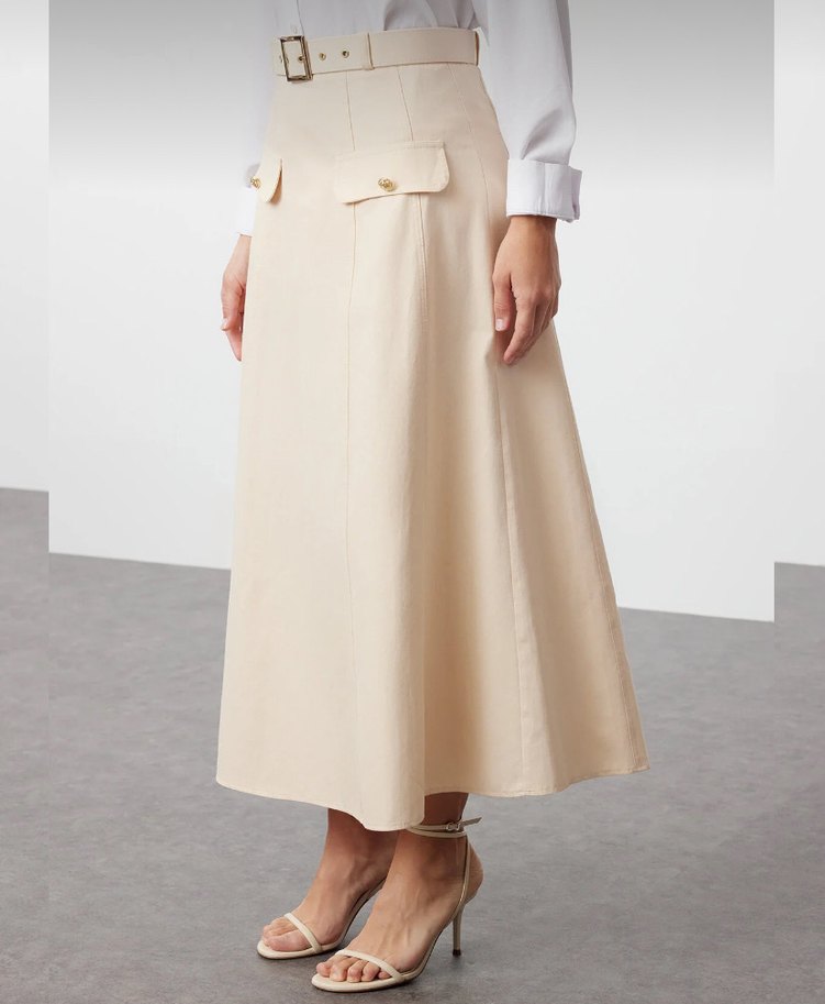 Bej Kemerli Uzun Pamuk Etek - Görsel 4