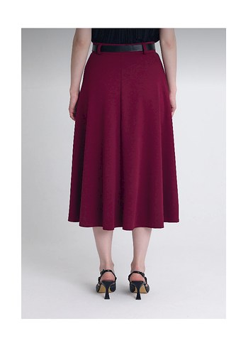 Bordo Piliseli Kemerli Midi Triko Etek - Görsel 3