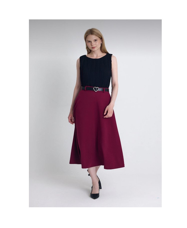 Bordo Piliseli Kemerli Midi Triko Etek - Görsel 2