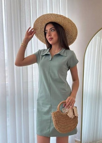 Kadın V Yaka Kısa Kollu Salaş Elbise - Görsel 2