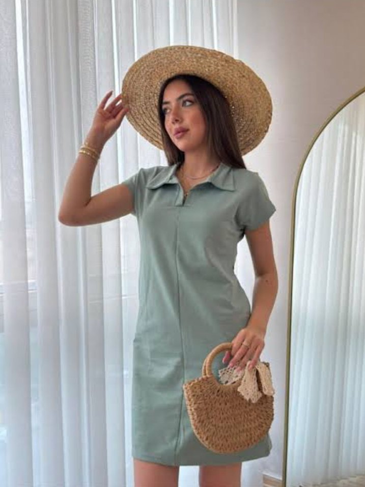 Kadın V Yaka Kısa Kollu Salaş Elbise - Görsel 2