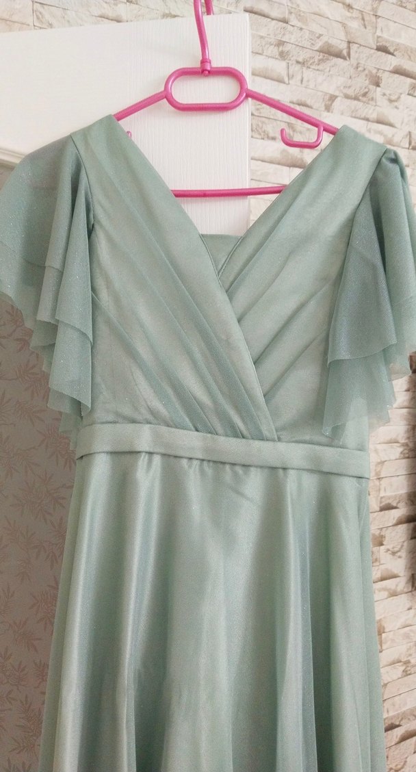 mint yesili Uzun Drapeli Kadın Abiye Elbise - Görsel 2