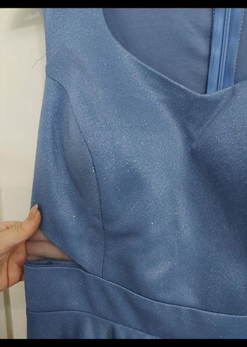 Mavi Straplez Simli Midi Abiye Elbise - Görsel 4