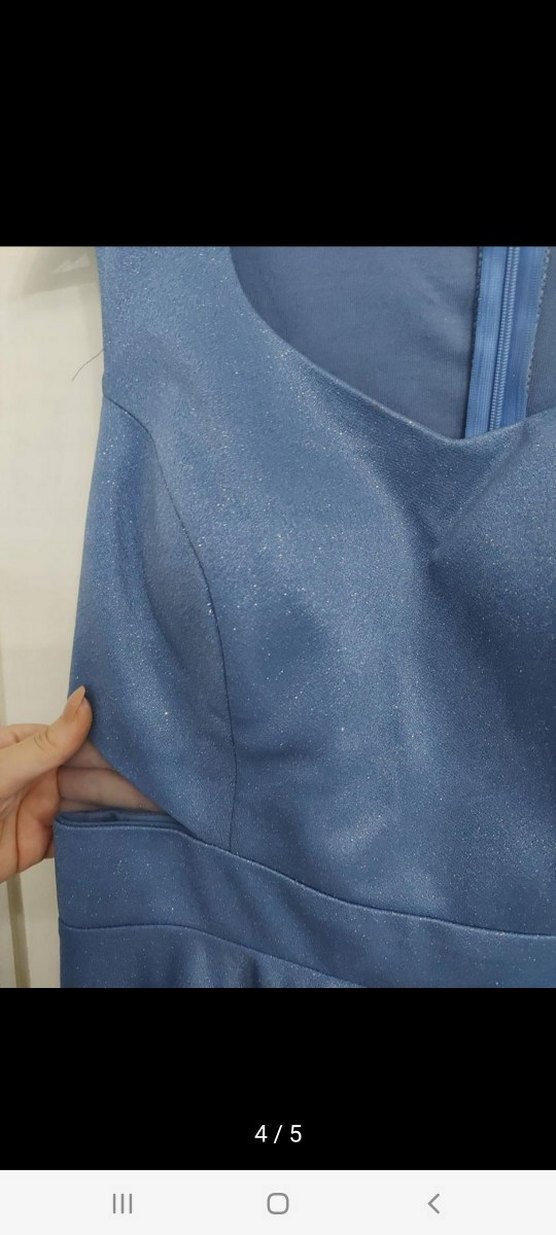 Mavi Straplez Simli Midi Abiye Elbise - Görsel 4