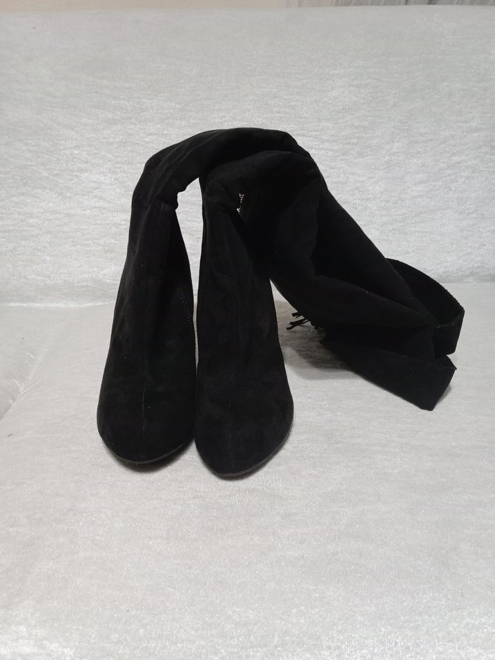 Siyah Süet Dizüstü Çizme, İnce Topuklu, Fermuarlı - Görsel 3