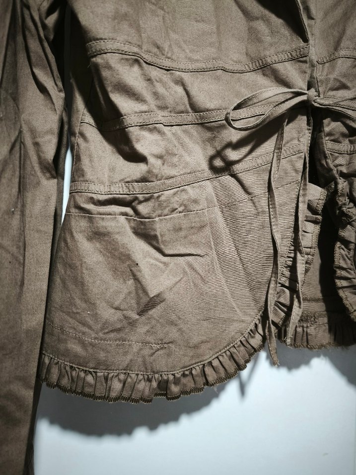 kahverengi Keten Kadın Ceket, Kemerli, Uzun Kollu - Görsel 3