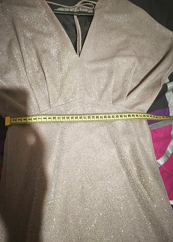 pudra V Yaka Drapeli Midi Abiye Elbise - Görsel 4