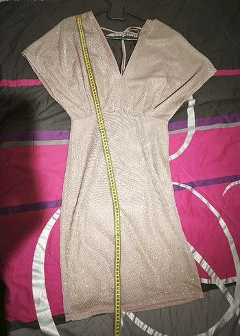 pudra V Yaka Drapeli Midi Abiye Elbise - Görsel 6