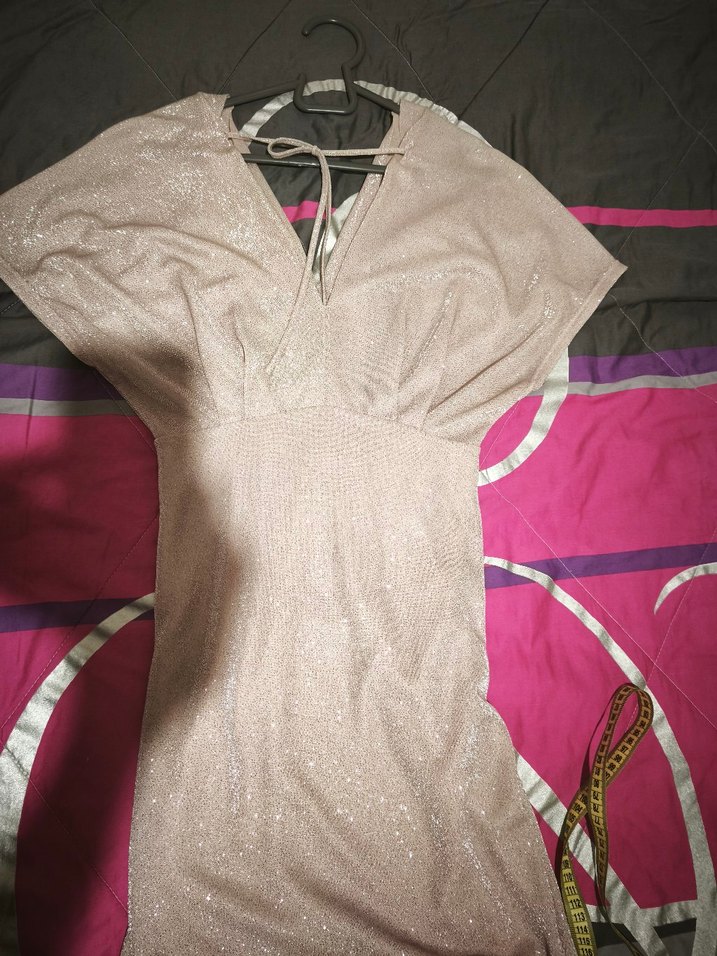 pudra V Yaka Drapeli Midi Abiye Elbise - Görsel 3