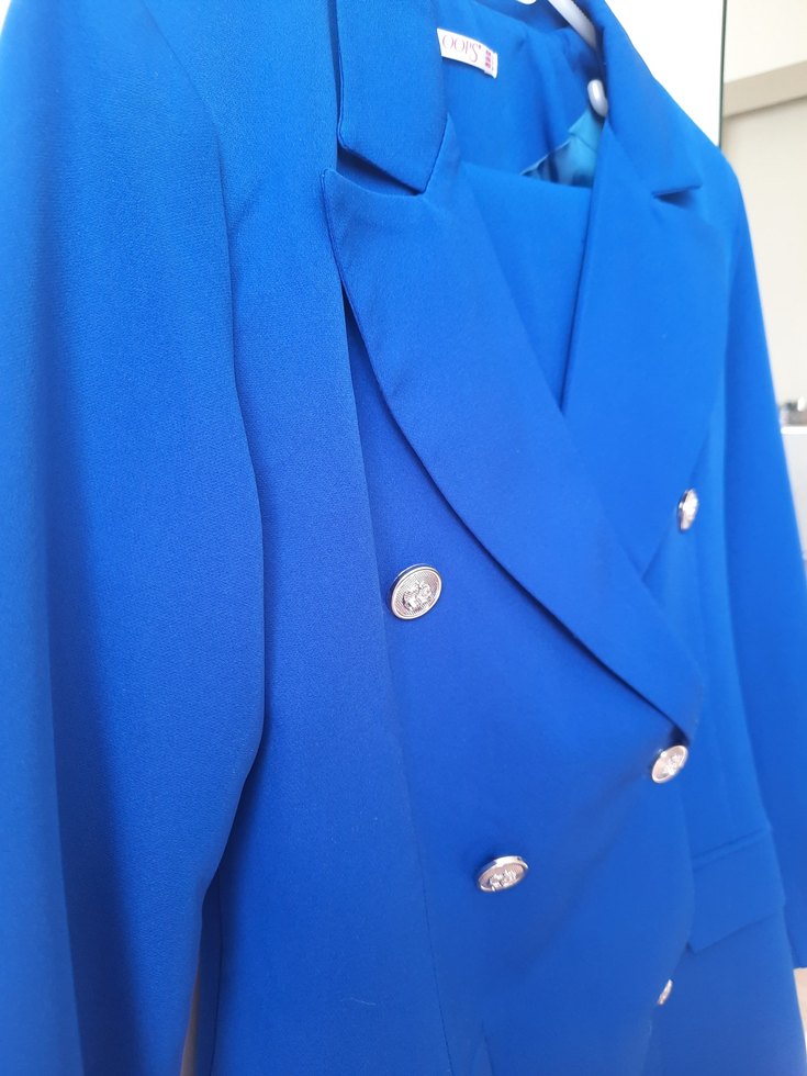 Mavi Düğmeli Uzun Kadın Blazer Ceket - Görsel 2