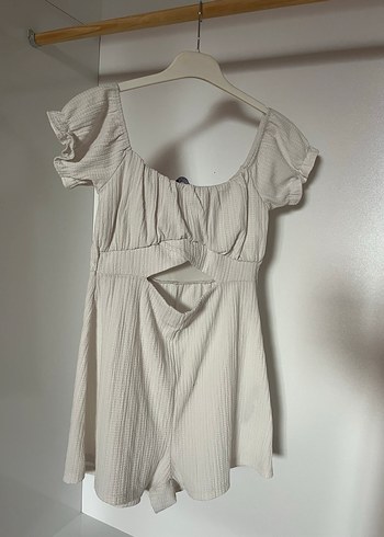 Bej Keten Mini Tulum, Askılı, Drapeli - Görsel 2