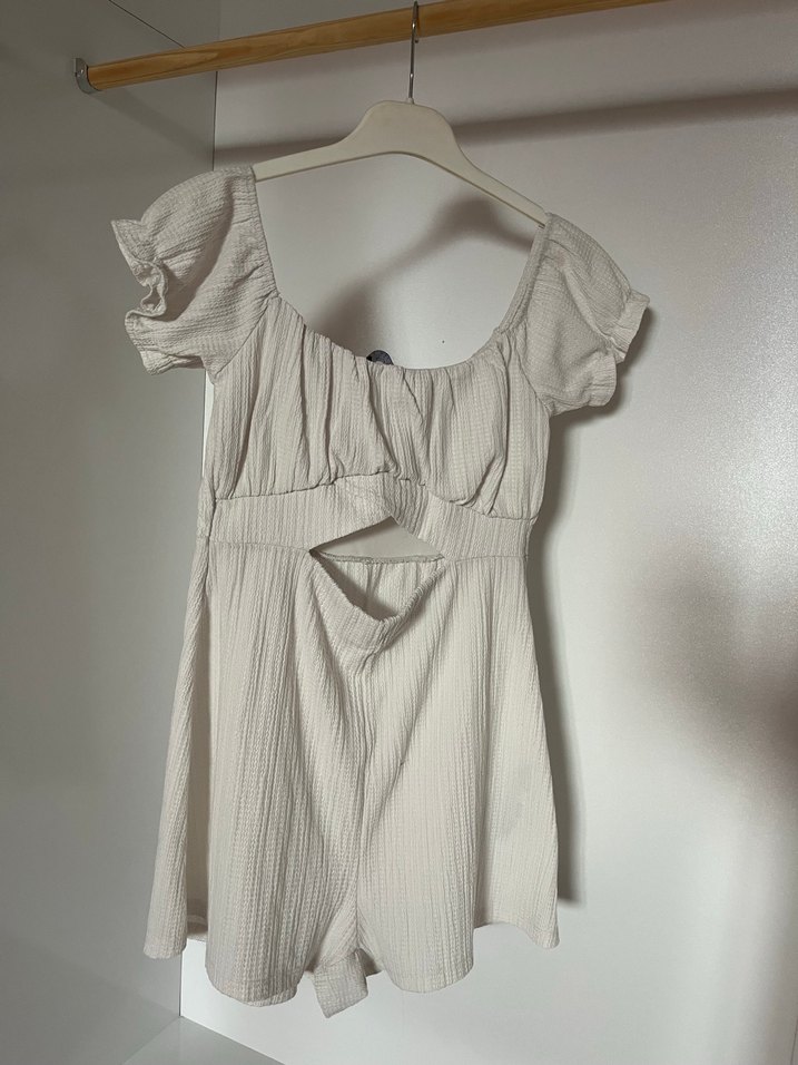 Bej Keten Mini Tulum, Askılı, Drapeli - Görsel 2