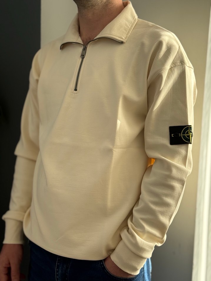 Erkek Beyaz Fermuarlı Uzun Kollu Sweatshirt - Görsel 4