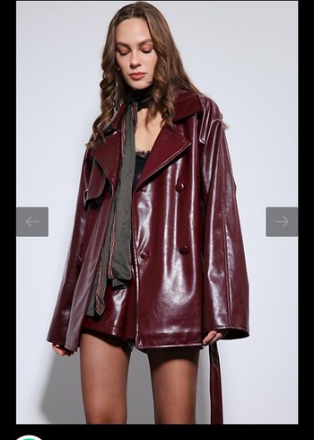 Bordo Deri Kemerli Mini Ceket - Görsel 2