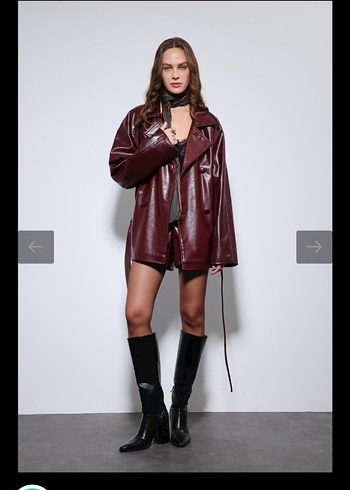 Bordo Deri Kemerli Mini Ceket - Görsel 3