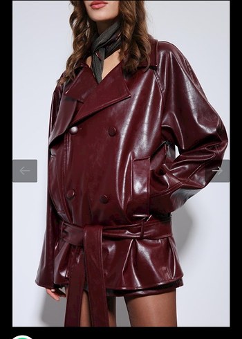 Bordo Deri Kemerli Mini Ceket - Görsel 6