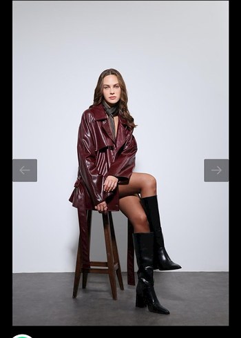 Bordo Deri Kemerli Mini Ceket - Görsel 5