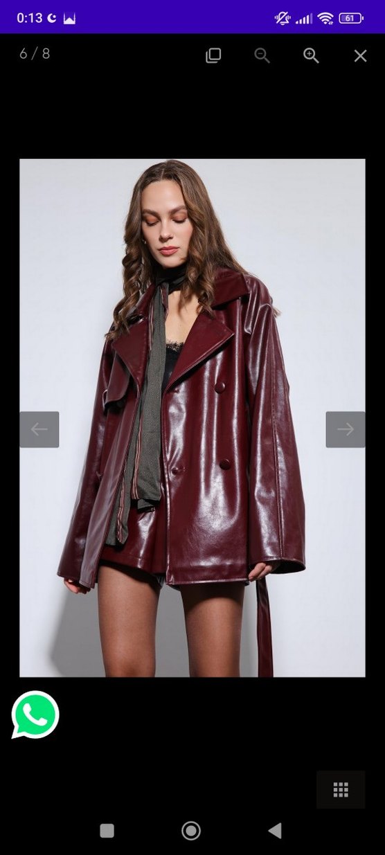 Bordo Deri Kemerli Mini Ceket - Görsel 2