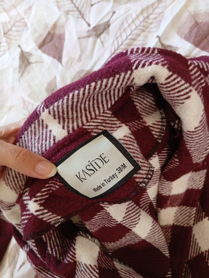 Bordo Ekose Desenli Uzun Kabanı - Görsel 2