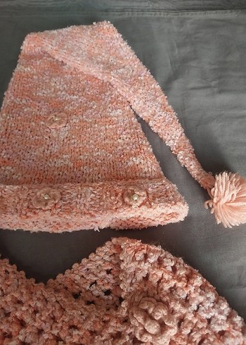 Pembe Bohem Kız Çocuk Örgü Pelerin ve Şapka - Görsel 2