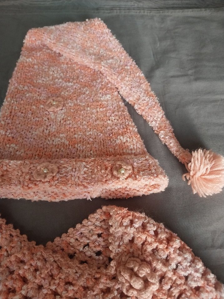 Pembe Bohem Kız Çocuk Örgü Pelerin ve Şapka - Görsel 2