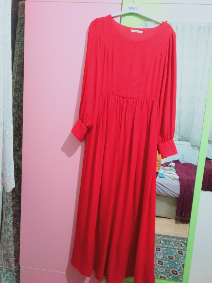 Kırmızı V Yakalı Midi Elbise - Görsel 2