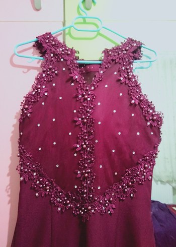 Bordo Drapeli Straplez Uzun Abiye - Görsel 3