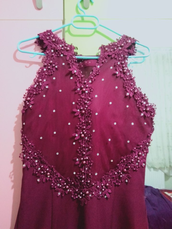 Bordo Drapeli Straplez Uzun Abiye - Görsel 3