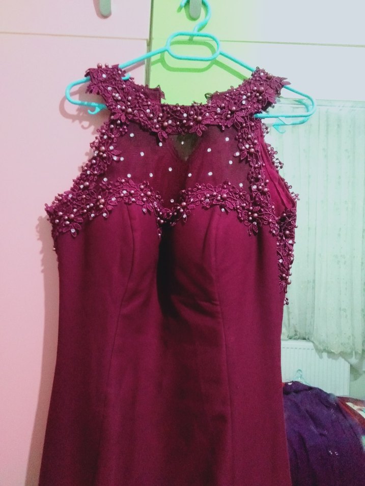 Bordo Drapeli Straplez Uzun Abiye - Görsel 2