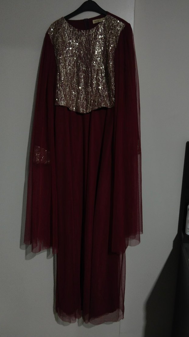 Bordo Uzun Kollu Gotik Kadın Abiye Elbise - Görsel 2