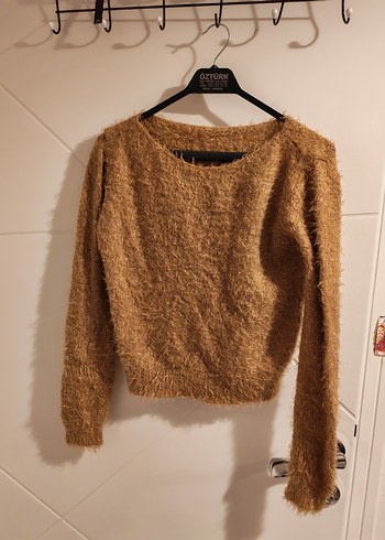 Uzun Kollu Kahverengi Örgü Kadın Kazak - Görsel 2