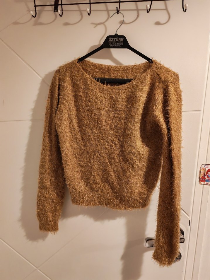 Uzun Kollu Kahverengi Örgü Kadın Kazak - Görsel 2