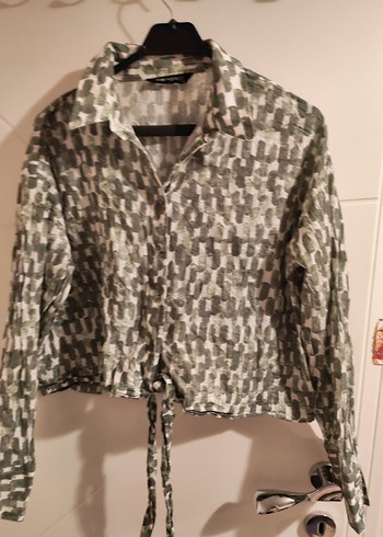 Gri Bağcıklı Desenli Uzun Kollu Kadın Gömlek - Görsel 3