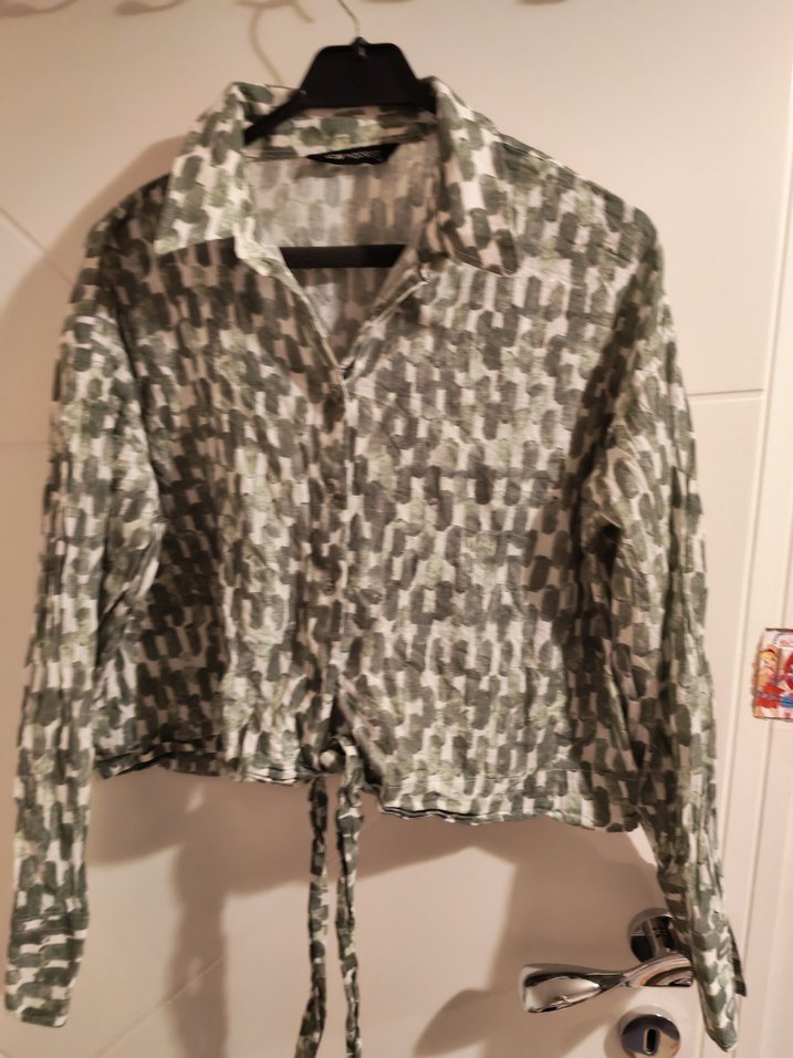 Gri Bağcıklı Desenli Uzun Kollu Kadın Gömlek - Görsel 3