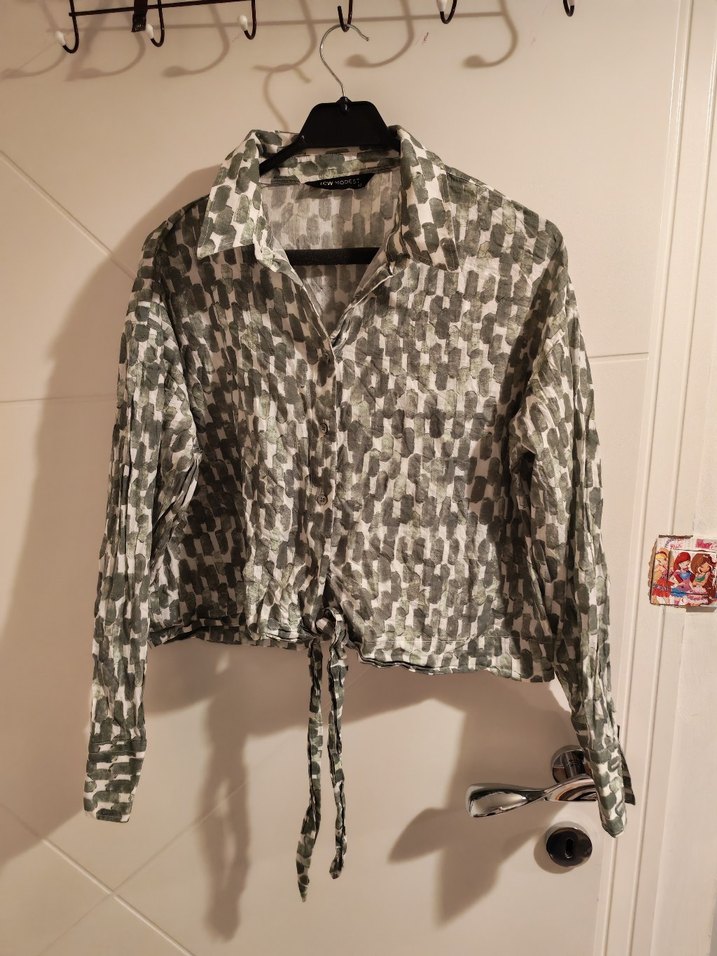 Gri Bağcıklı Desenli Uzun Kollu Kadın Gömlek - Görsel 2