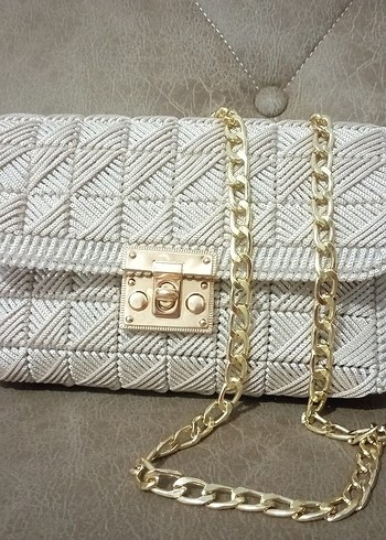 krem el emeği Zincir Detaylı Örgü Kadın Çanta - Görsel 2