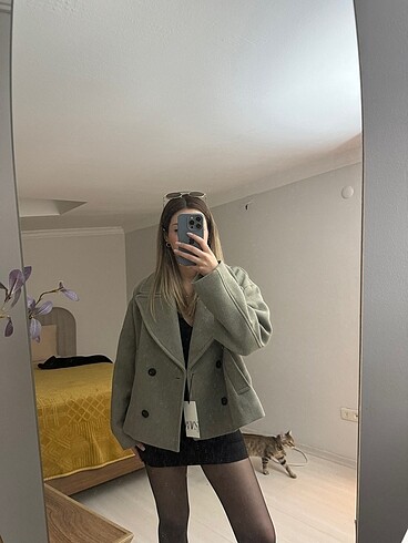 xs Beden gri Renk Zara Kruvaze Kısa Kaban