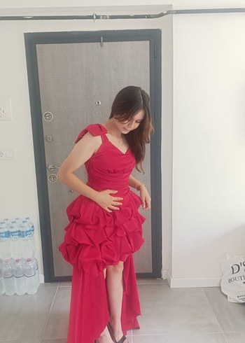 Kırmızı Drapeli Straplez  Abiye Elbise - Görsel 4