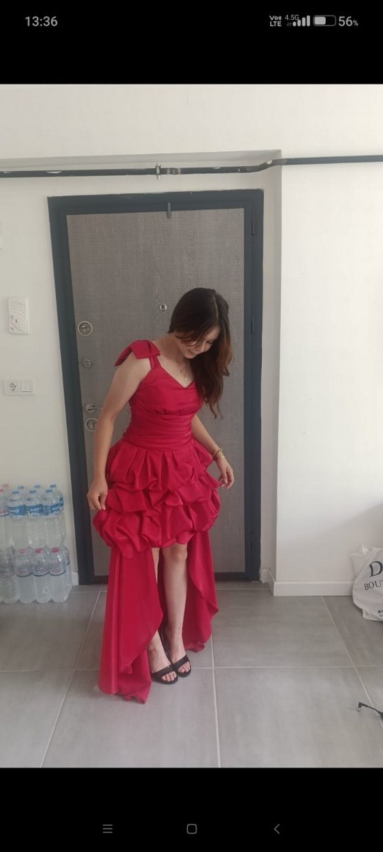 Kırmızı Drapeli Straplez  Abiye Elbise - Görsel 2