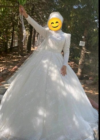 38 Beden Uzun Kollu, Payetli, Beyaz Prenses Gelinlik
