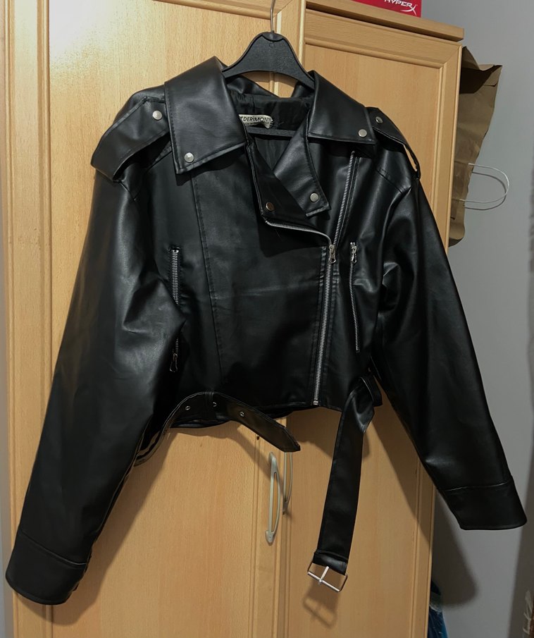 Siyah Deri Biker Ceket, Kemerli, İnce Kesim - Görsel 2