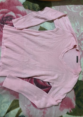 Pembe V Yaka Kadın Pamuklu Kazak - Görsel 3