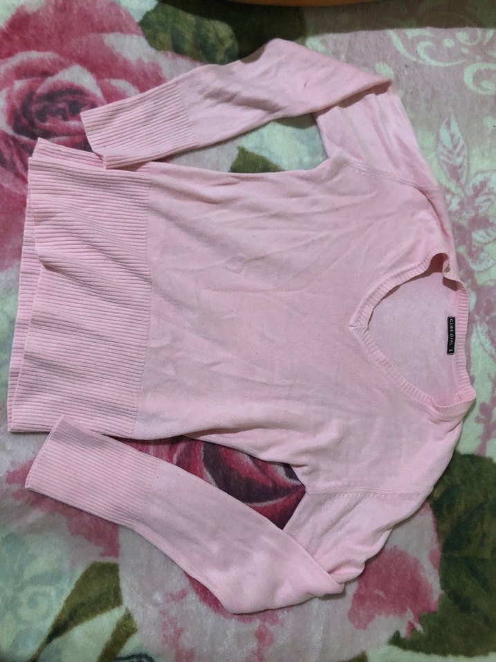 Pembe V Yaka Kadın Pamuklu Kazak - Görsel 3