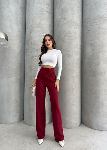 Bordo Kadın Regular Fit Midi Kumaş Pantolon - Görsel 4