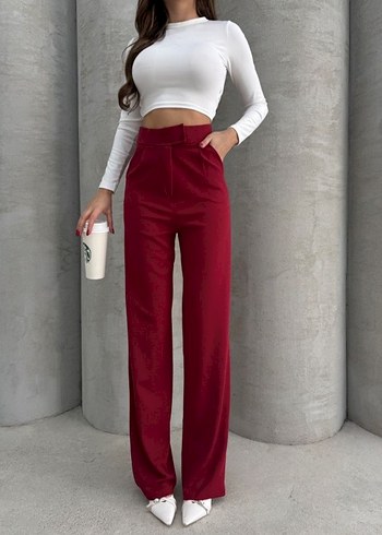 Bordo Kadın Regular Fit Midi Kumaş Pantolon - Görsel 3