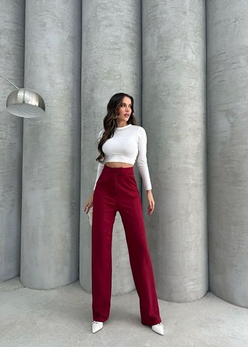 Bordo Kadın Regular Fit Midi Kumaş Pantolon - Görsel 2