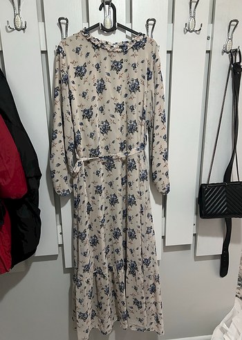 Bej Çiçek Desenli Uzun Kollu Bohem Elbise - Görsel 2