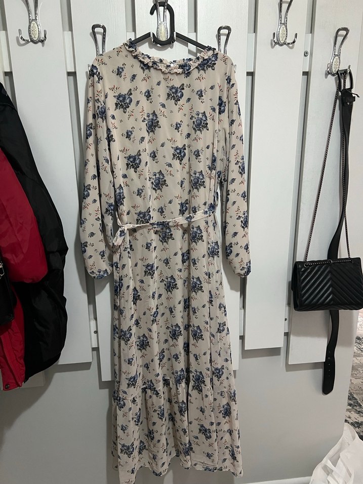 Bej Çiçek Desenli Uzun Kollu Bohem Elbise - Görsel 2