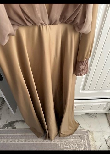 Bej  Drapeli Uzun Abiye Elbise - Görsel 5