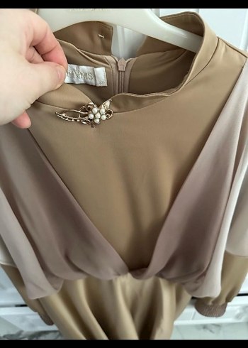 Bej  Drapeli Uzun Abiye Elbise - Görsel 4